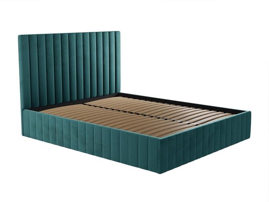 Lit coffre et tête de lit avec coutures verticales - 160 x 200 cm - Velours  - Bleu... | bol