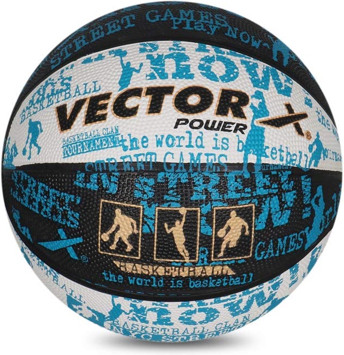 Vector X Power Basketbal met Gratis Luchtnaald (Zwart/Wit/blauw, Maat-7) | Materiaal-Rubber | Hoge Snelheid | Geschikt voor Alle Oppervlakken | Machinaal Gestikt | Ideaal voor: Training/Wedstrijd