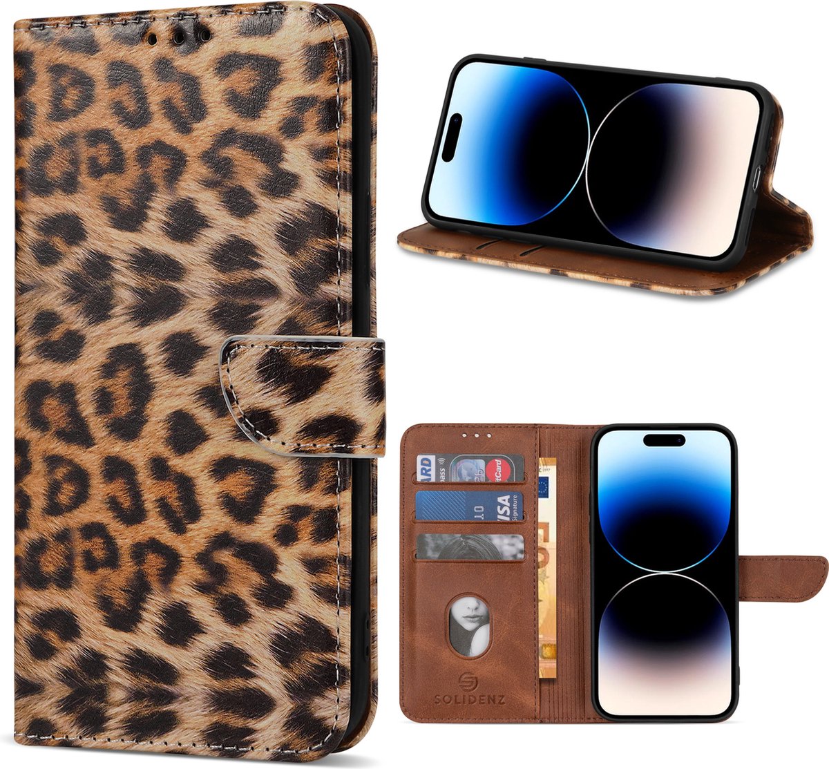 Geschikt Voor iPhone 15 Pro Hoesje - Solidenz Bookcase 15 Pro - Telefoonhoesje 15 Pro - 15 Pro Case Met Pasjeshouder - Leopard - Cover Hoes - Panterprint - Luipaard