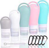 Silicone Travel Bottle Set, Leak-Proof Travel Container, 5 Pieces, Travel Toiletries Set with Carabiner, Cleaning Brush, Reusable Portable Container for Shampoo, Lotion, Shower Gel