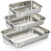 3-Piece Roasting and Baking Mould Set - Stainless Steel Roasting Dish with Handles - Stainless Steel Casserole Dish for Cooking and Baking - Oven Dish (Silver - 3-Piece)