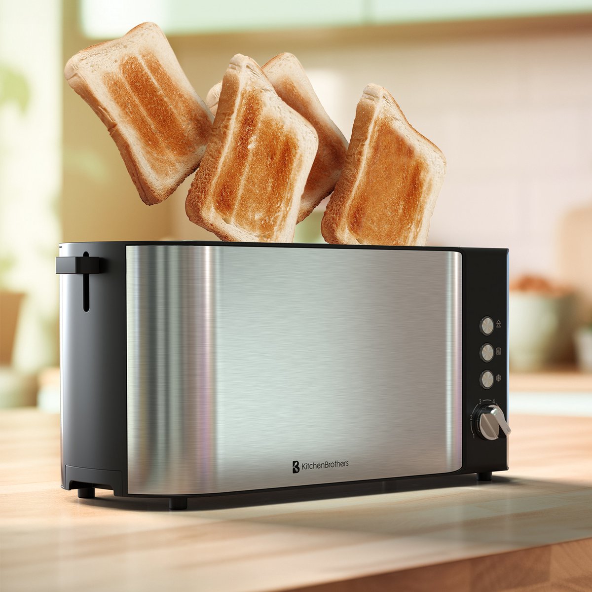 KitchenBrothers Broodrooster - Toaster - 6 Warmteniveaus - 2 Extra Lange Sleuven - BPA-vrij - 1520W - RVS/Zwart thumbnail 3