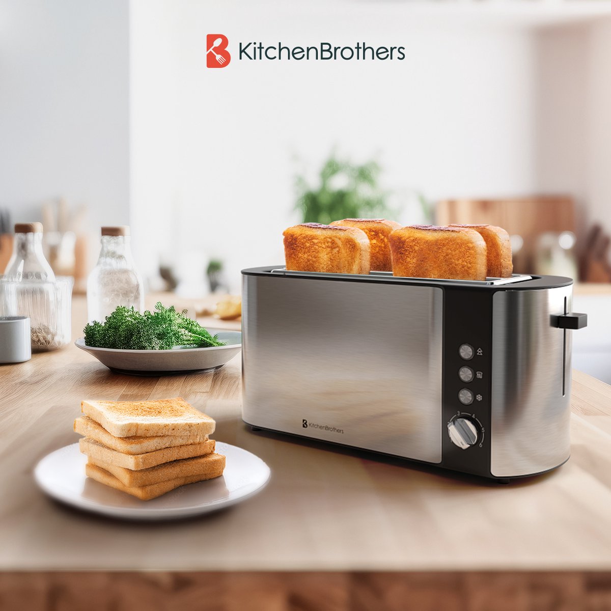 KitchenBrothers Broodrooster - Toaster - 6 Warmteniveaus - 2 Extra Lange Sleuven - BPA-vrij - 1520W - RVS/Zwart thumbnail 2