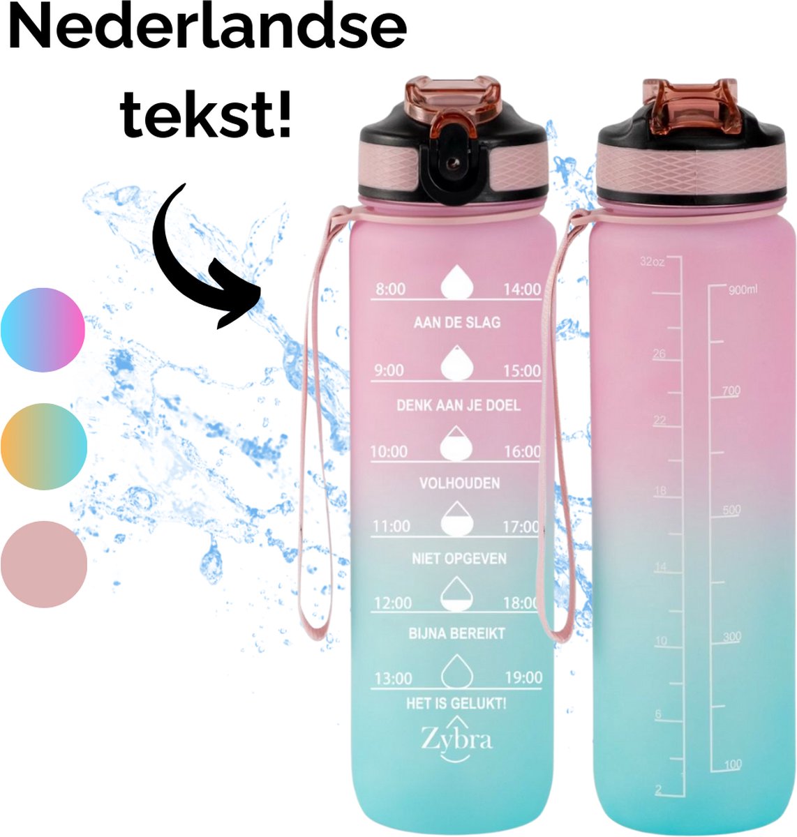 Zybra® HydratePlus - Motivatie Waterfles - Nederlands - Waterfles Tijdmarkering - 1 Liter - Roze/Lichtblauw
