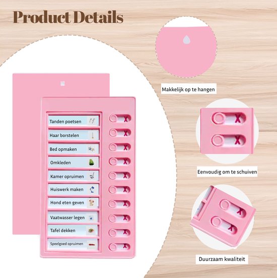 Roze planbord met takenlijsten en schuifjes. Met afbeeldingen van ophangen en schuiven.