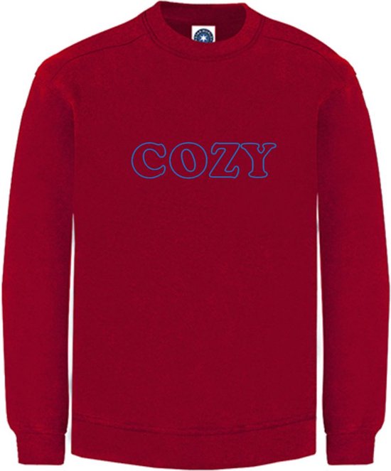 Huissweater - Huistrui - Sweater - Rood - NEON BLAUW tekst COZY - ruimzittend - Large