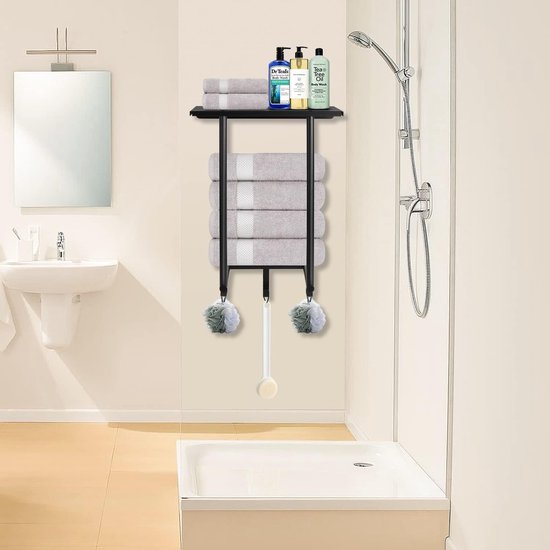 - Porte-serviettes sans perçage, noir, barre porte-serviettes, mural salle de bain, porte-serviettes invités, fixation murale, porte-serviettes, porte-serviettes de bain avec étagère et 3 crochets pour salle de bain, toilettes invités