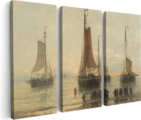 Artaza Canvas Schilderij Drieluik Scheveningse Bommen voor Anker - Hendrik Willem Mesdag - 60x40 - Klein - Foto Op Canvas - Canvas Print