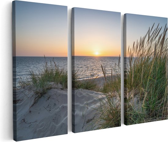 Artaza Canvas Schilderij Drieluik Strand en Zee vanuit de Duinen met Zonsondergang - 90x60 cm - Wanddecoratie Woonkamer - Schilderijen - Muurdecoratie