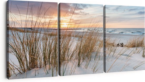Artaza Canvas Schilderij Drieluik Strand en Zee vanuit Duinen - 90x40 cm - Wanddecoratie Woonkamer - Schilderijen - Muurdecoratie