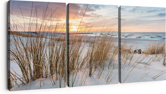 Artaza Canvas Schilderij Drieluik Strand en Zee vanuit Duinen - 90x40 - Foto Op Canvas - Canvas Print