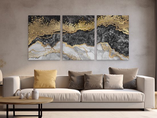 Artaza Peinture sur Toile Triptyque Art Abstrait - Zwart avec Marbre Witte - 180x80 - Groot - Photo sur Toile - Impression sur Toile