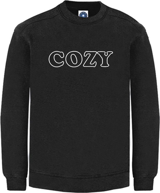 Huissweater - Huistrui - Sweater - Zwart - WITTE tekst COZY - ruimzittend - LARGE