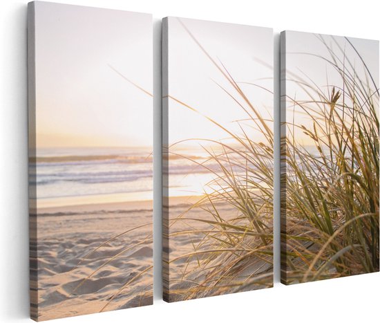 Artaza Canvas Schilderij Strand en Duinen bij Zonsondergang - Zee - Drieluik Schilderijen - 180x120 - Groot - Wanddecoratie Woonkamer