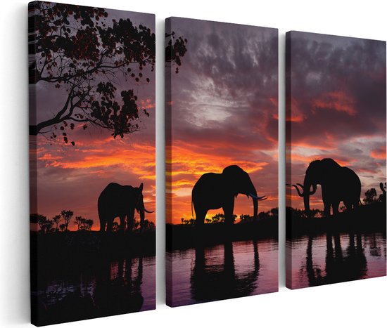 Artaza Canvas Schilderij Drieluik Olifanten Tijdens Zonsondergang - Silhouet - 150x100 - Groot - Foto Op Canvas - Canvas Print