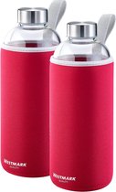 527422E7 Drinking Bottle Set of 2 Glass with Print and 1 Protective Cover 1000 ml Glass / Silicone / Rubber BPA-Free Viva Red / Silver / Clear