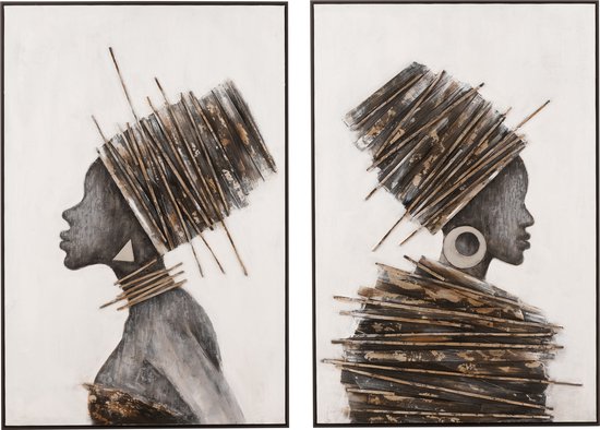 J-Line Schilderij Afrikaanse Vrouw Hout/Canvas Bruin/Grijs Assortiment Van Twee