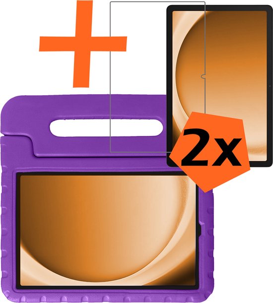 Paarse kindvriendelijke tablethoes met handvat, een schermprotector en "2x" aanduiding.