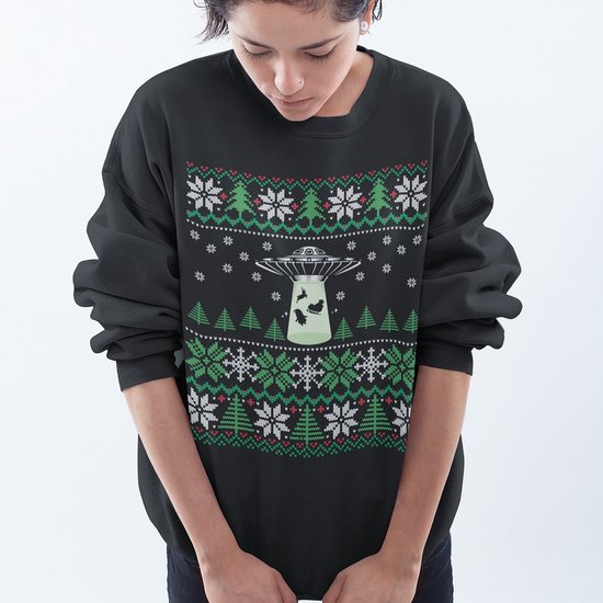 Foute Kersttrui - Kleur Zwart - UFO Snowy Trees - Maat 3XL - Uniseks Pasvorm - Kerstkleding voor Dames & Heren