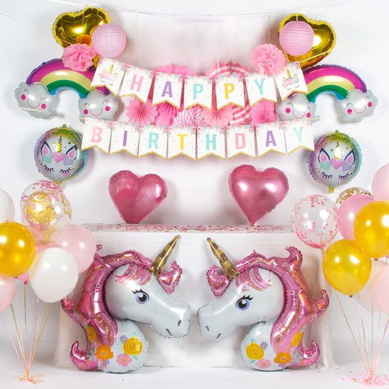 Fissaly 112 Stuks Luxe Eenhoorn Verjaardag Decoratie Versiering met Ballonnen – Unicorn Set – Kinderfeest – Feest - Feestpakket - Fissaly