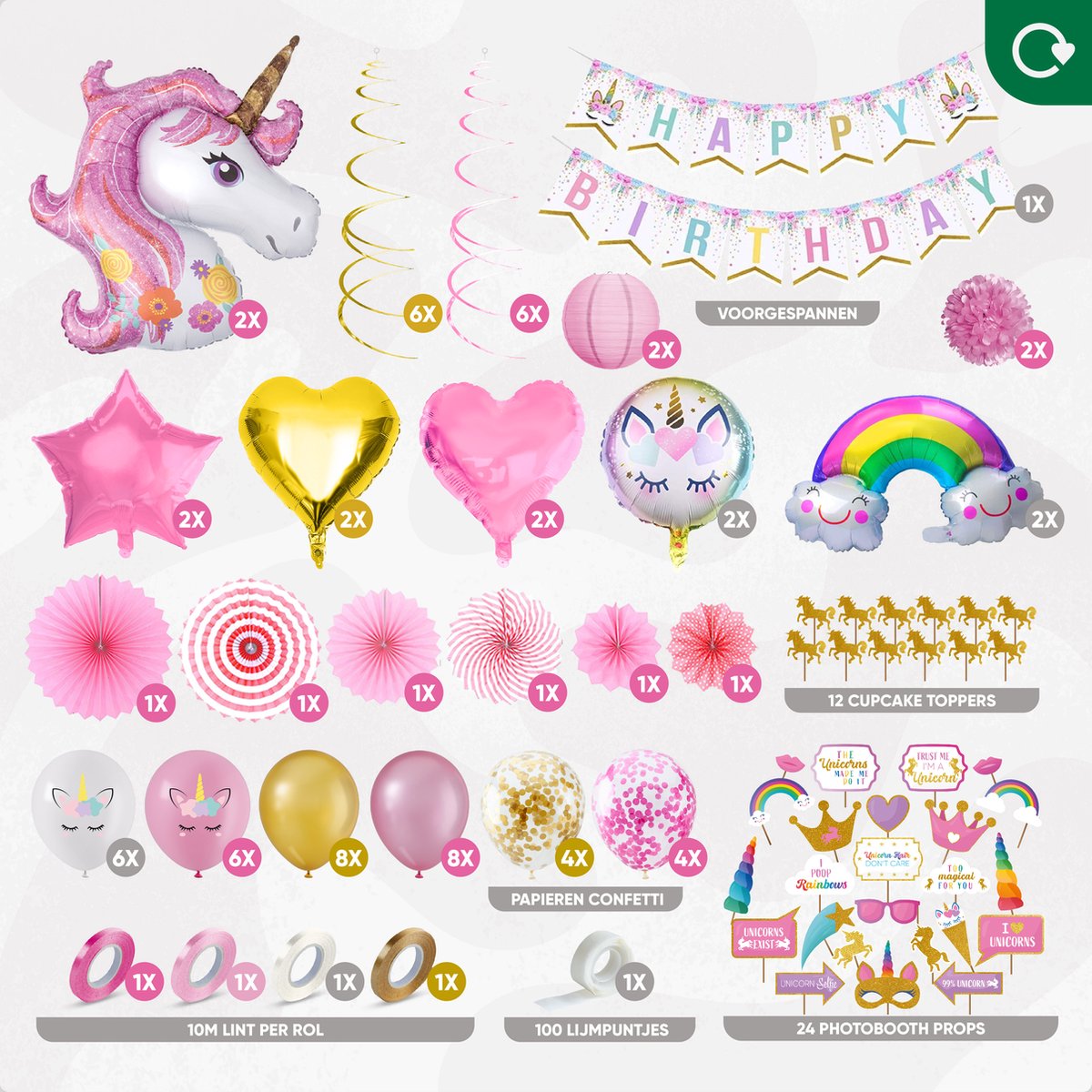 Fissaly 112 Stuks Luxe Eenhoorn Verjaardag Decoratie Versiering met Ballonnen – Unicorn Set – Kinderfeest – Feest - Feestpakket — afbeelding 2