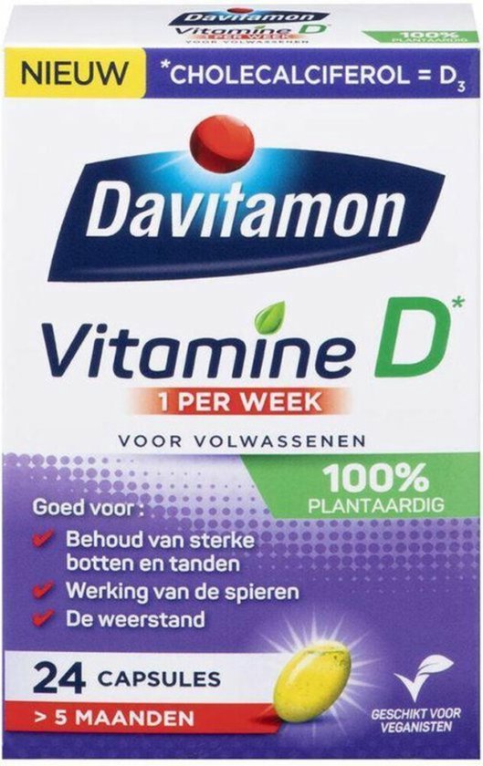 Davitamon Vitamine D doos met 24 plantaardige capsules.