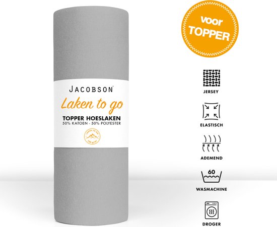 Jacobson - Hoeslaken Topper - 200x200cm - Jersey Katoen - tot 10cm matrasdikte - Grijs