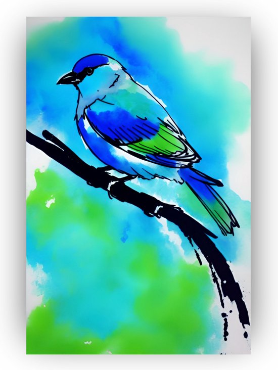 Blauwe vogel schilderij 50x70 cm - Schilderij canvas - Inkt schilderij - Schilderij blauw groen - Schilderij vogel - Abstract - Vogels - Wandpaneel- Kamer decoratie binnen