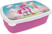 Broodtrommel Roze - Lunchbox Unicorn - Meisjes - Bloemen - Regenboog - Eenhoorn - Brooddoos 18x12x6 cm - Brood lunch box - Broodtrommels voor kinderen en volwassenen