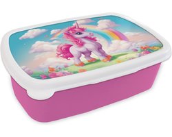 Top 10 schoenkadootjes van 2026: Broodtrommel Roze - Lunchbox Unicorn - Meisjes - Bloemen - Regenboog - Eenhoorn - Brooddoos 18x12x6 cm - Brood lunch box - Broodtrommels voor kinderen - Schoencadeautjes Sinterklaas - Schoenkadootjes