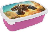 Broodtrommel Roze - Lunchbox Monstertruck - Kind - Jongen - Auto - Brooddoos 18x12x6 cm - Brood lunch box - Broodtrommels voor kinderen en volwassenen