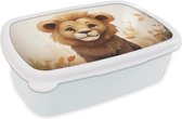 Broodtrommel Wit - Lunchbox Leeuw - Dieren - Kinderen - Bruin - Meisje - Brooddoos 18x12x6 cm - Brood lunch box - Broodtrommels voor kinderen en volwassenen