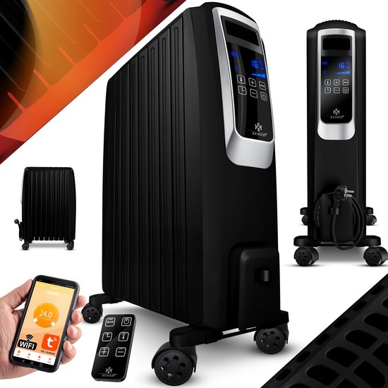 KESSER® Olieradiator 2500W Oliegevulde Radiator met WiFi App & Afstandsbediening en LCD Display - Elektrische Kachel met Thermostaat en Timer Electrische Verwarming - met 8 Ribben, Zwart