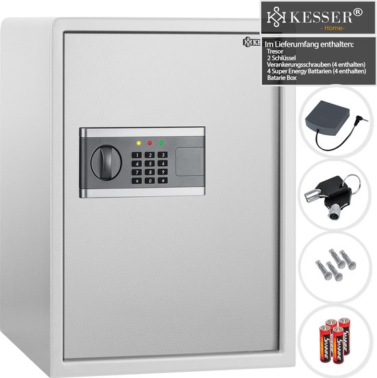 KESSER® Kluis meubelkluis met dubbelbaardslot, kluis geldkast vloerwandkluis wandkluis 31 x 20 x 20 cm incl. 2 x sleutel & bevestigingsschroeven, zilver