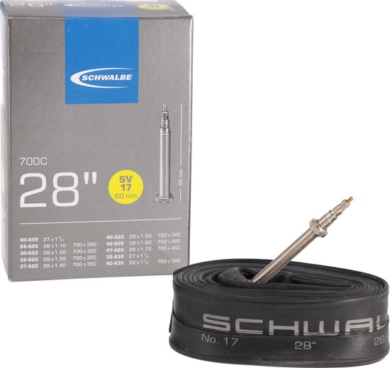 Schwalbe doos met 28 inch fietsband en opgerolde band met ventiel.