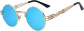 KIMU ronde zonnebril blauw heren - spiegelglazen steampunk goud retro
