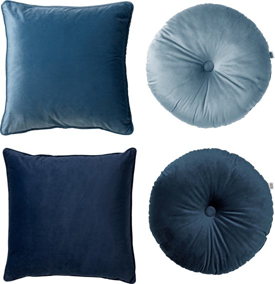 Dutch Decor - Set de 4 coussins décoratifs - Essentials - Bleu foncé - Bleu clair - Finn 45x45 + Olly rond - avec coussins intérieurs - velours