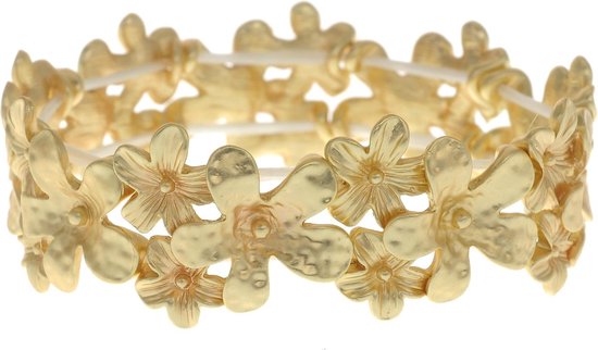 Behave Elastische armband met bloemen goudkleur handgemaakt