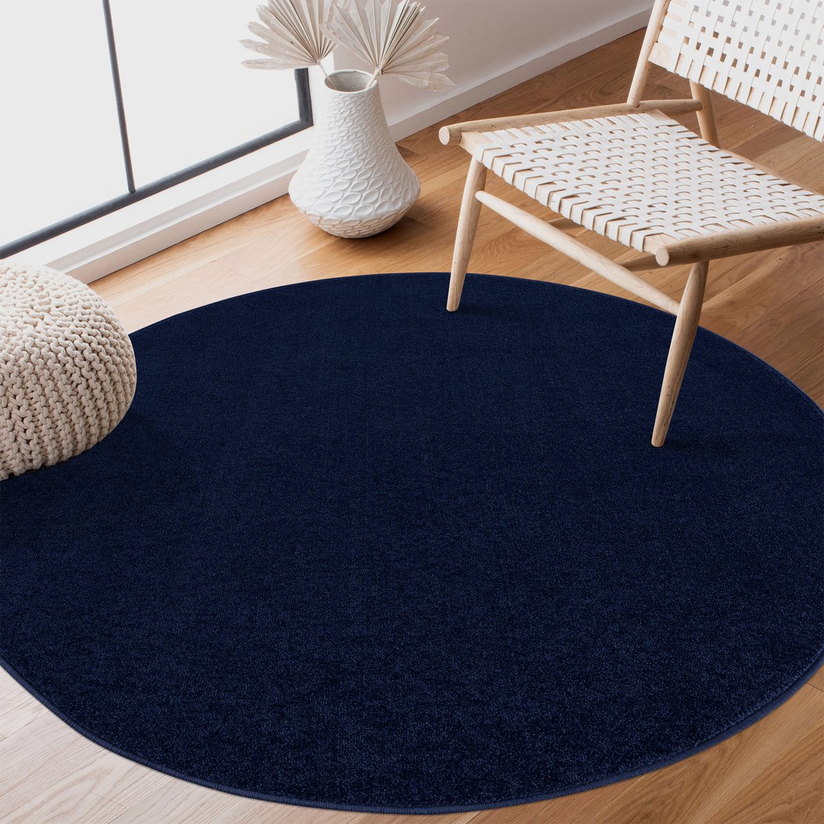 Uni Rond Effen Laagpolig Vloerkleed Modern Donker Blauw Navy- 150 CM Ø