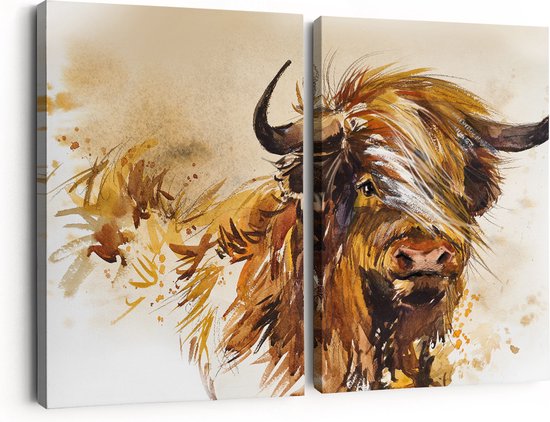 Artaza Canvas Schilderij Tweeluik Schotse Hooglander Koe - Abstract - 180x120 - Groot - Foto Op Canvas - Canvas Print