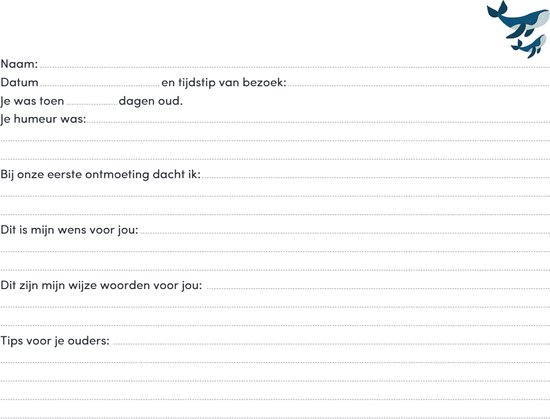 Kraambezoekboek met lijntjes voor naam, datum, leeftijd, humeur en herinneringen. Twee blauwe walvissen bovenaan.