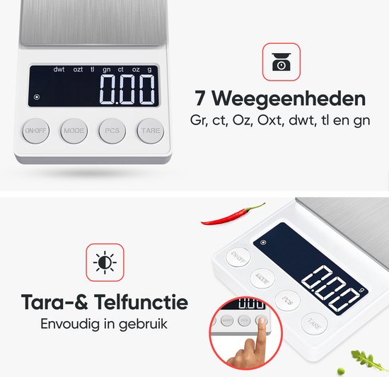 Witte keukenweegschaal met zilverkleurig weegoppervlak. Display toont '0.00'. Text '7 Weegheden' en 'Tara- & Telfunctie'.