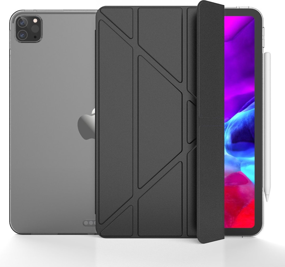 Peachy Trifold Y-Fold kunstleer hoes geschikt voor iPad Pro 12.9 inch (2018 2020 2021 2022) - zwart