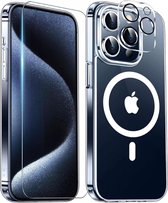 Schokbestendig Doorzichtig Hoesje | Geschikt voor iPhone 15 Pro Max + 9H Tempered Glass Screen Protector + Camera Protector Transparant | Compatibel met MagSafe | 360° Beschermset
