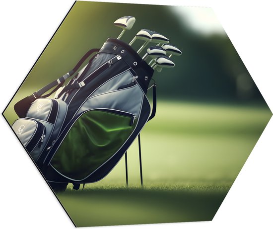 Dibond Hexagon - Golf - Tas - Clubs - Gras - Sport - 80x69.6 cm Foto op Hexagon (Met Ophangsysteem)