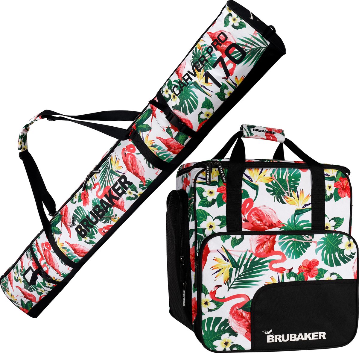 BRUBAKER Combi Set Carver Spotlight - Skitas en Skischoen Tas voor 1 paar ski's, stokken, schoenen en helm, flamingo's, 170 cm