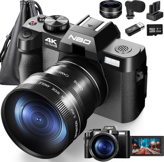 Nbd digitale camera - 4k compact camera met automatische scherpstelling - 48mp fotocamera voor vloggen - 16x digitale zoom - 32gb kaart - 2 batterijen - ideaal voor beginners