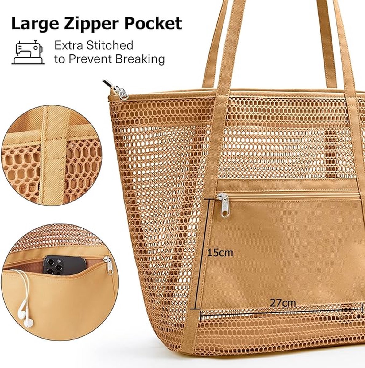 KALIDI FANCY FOREST Opvouwbare mesh strandtas met ritssluiting, 27L grote mesh d