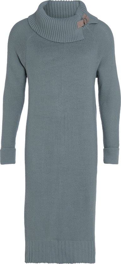 Knit Factory Jamie Gebreide Dames Jurk - Trui jurk dames - Wollen jurk - Herfst- & winterjurk - Wijde jurk - Met warme opstaande kraag - Stone Green - 40/42 - Knielengte