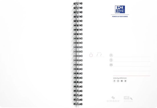 Open blanco notitieboek met spiraalbinding, logo en contactgegevens.